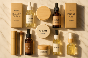 A premium flat-lay of natural and organic beauty products (creams, serums, oils, brushes) elegantly placed on a clean marble surface with soft golden lighting, eco-friendly packaging, and a minimal luxury vibe. A warm and welcoming aesthetic, soft shadows, elegant branding mood, editorial photography style.